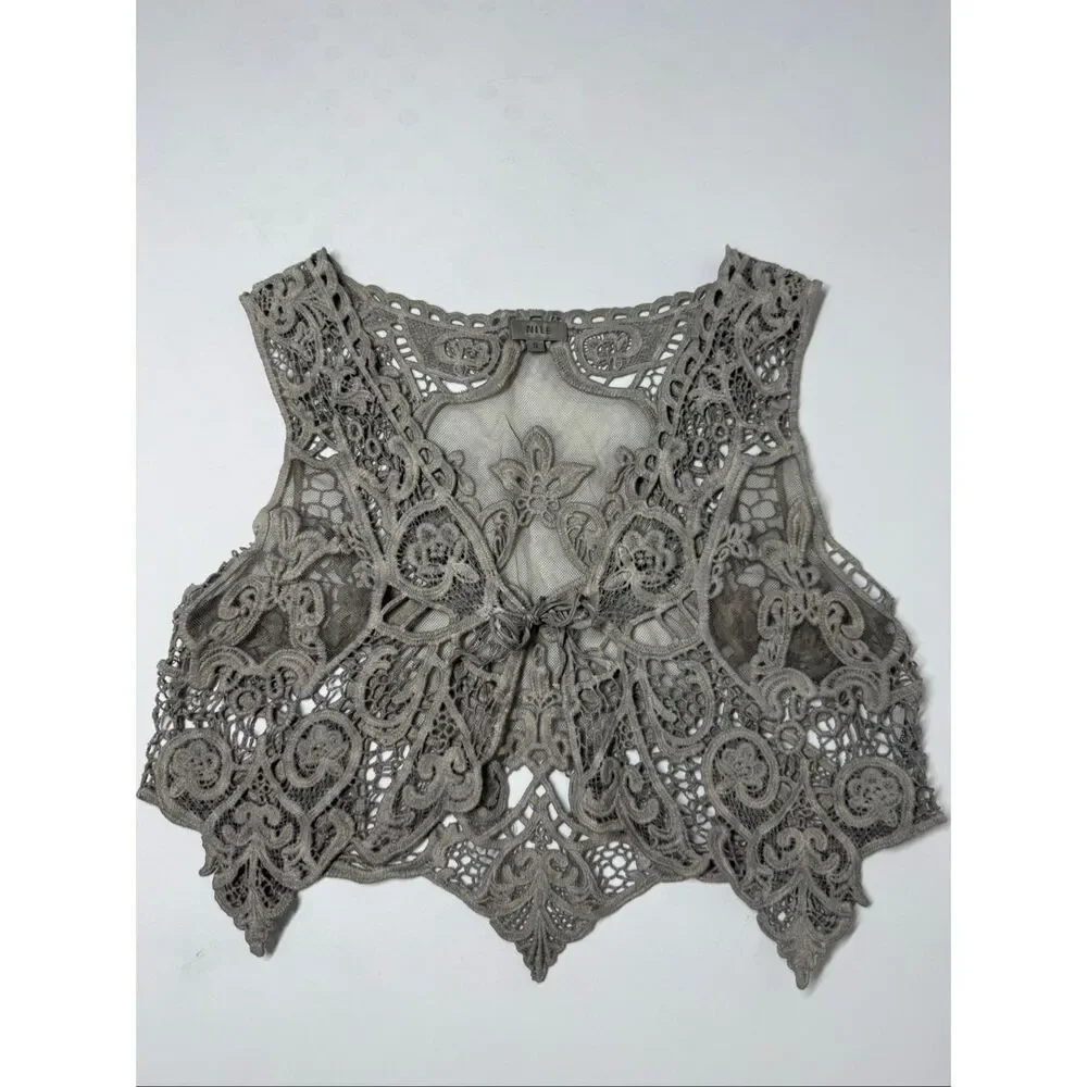 NILE Lace Crochet Vest Gray Boho Sheer Embroidered Tie Front Sz S Made in Italy